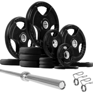 French Fitness Rubber Grip Weight Plate Set w/7 ft Olympic Bar 495 lbs (New)