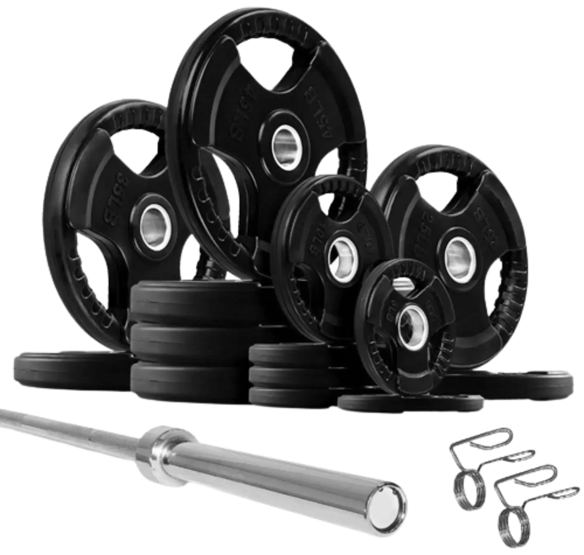 French Fitness Rubber Grip Weight Plate Set w/7 ft Olympic Bar 495 lbs (New)