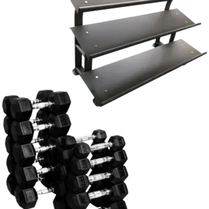 French Fitness Rubber Hex Dumbbell Set 5 to 50 lbs. w/Rack (New)