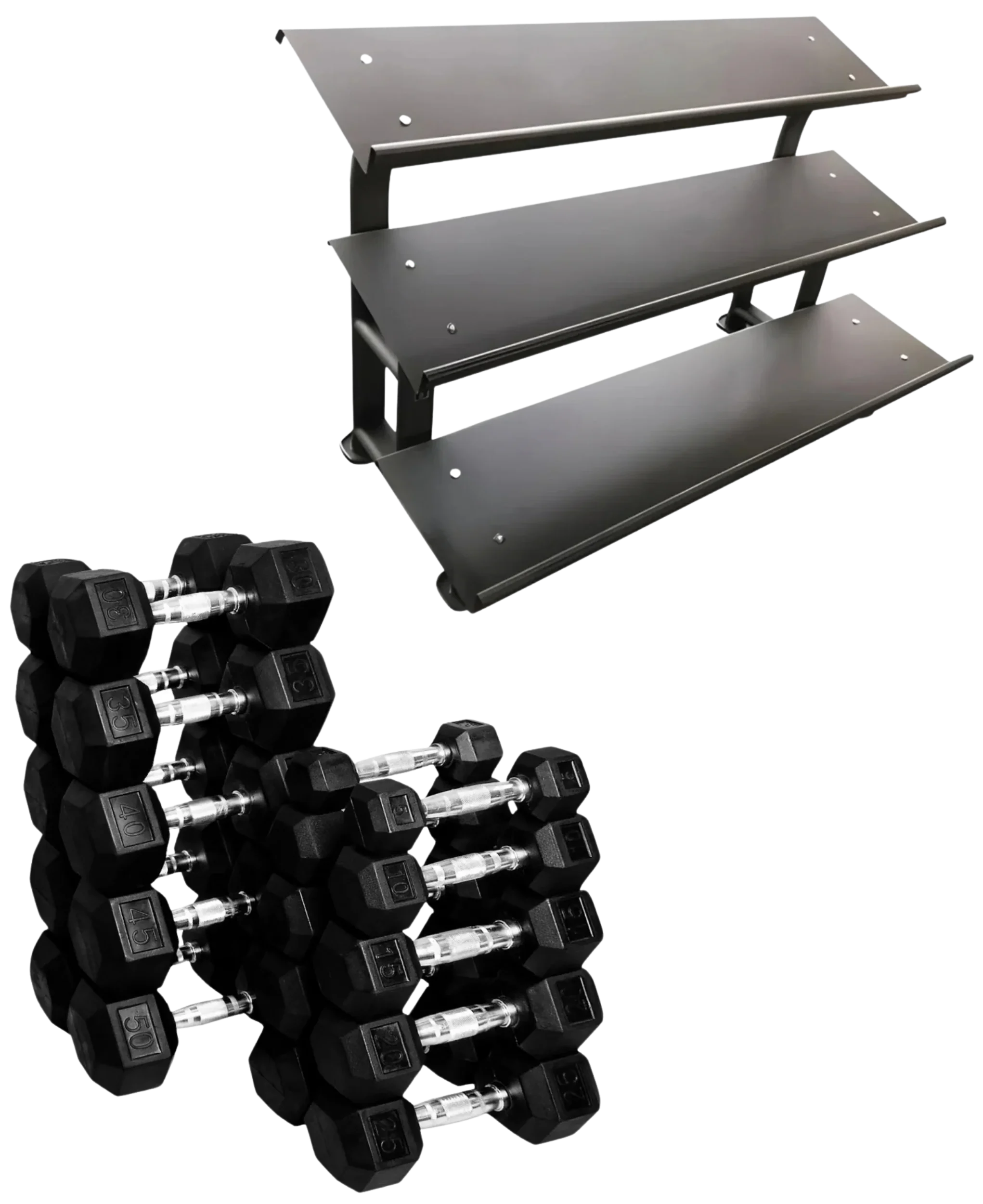 French Fitness Rubber Hex Dumbbell Set 5 to 50 lbs. w/Rack (New)