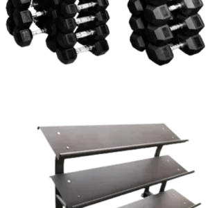 French Fitness Rubber Hex Dumbbell Set 5 to 75 lbs w/3 Tier Dumbbell Rack (New)