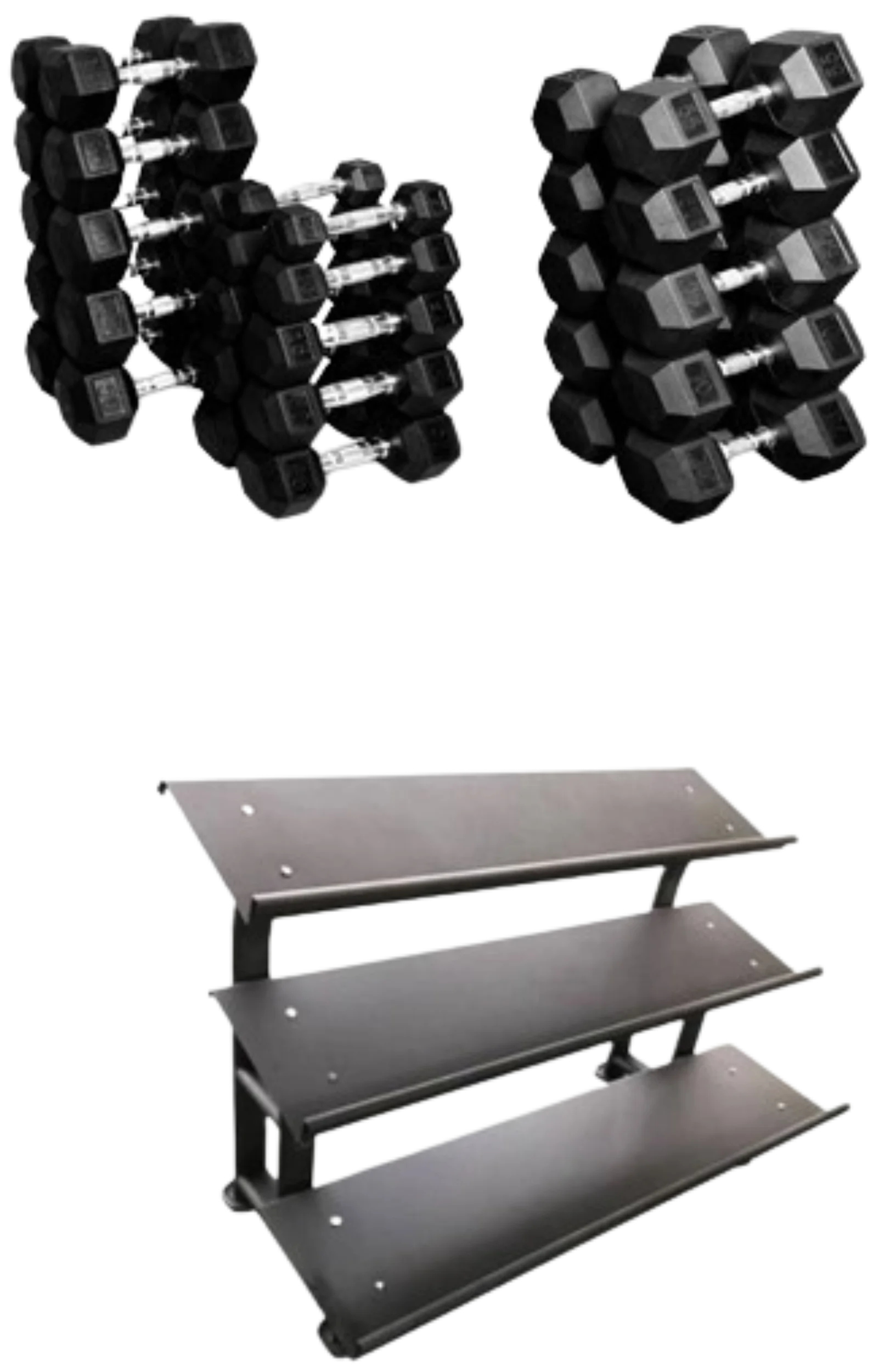 French Fitness Rubber Hex Dumbbell Set 5 to 75 lbs w/3 Tier Dumbbell Rack (New)