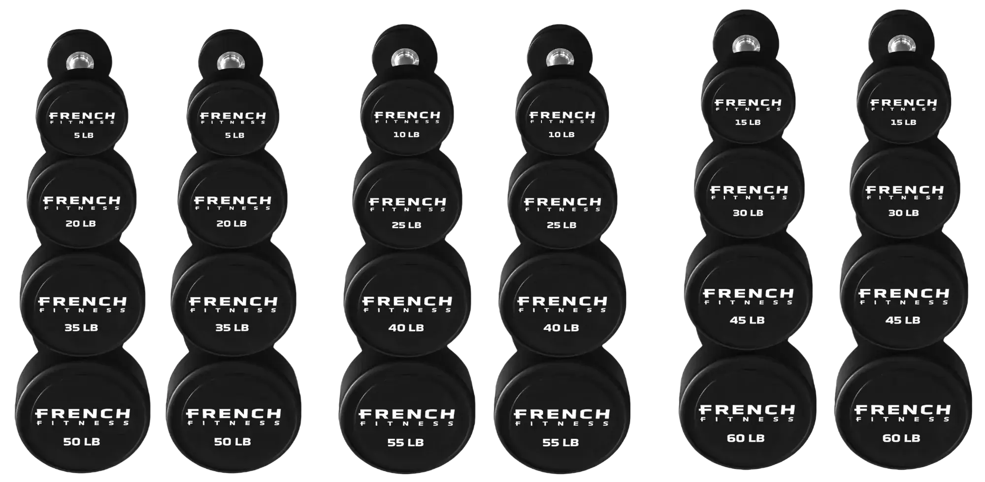 French Fitness Urethane Round Pro Style Dumbbell V2 Set, 5-60 lbs (New)