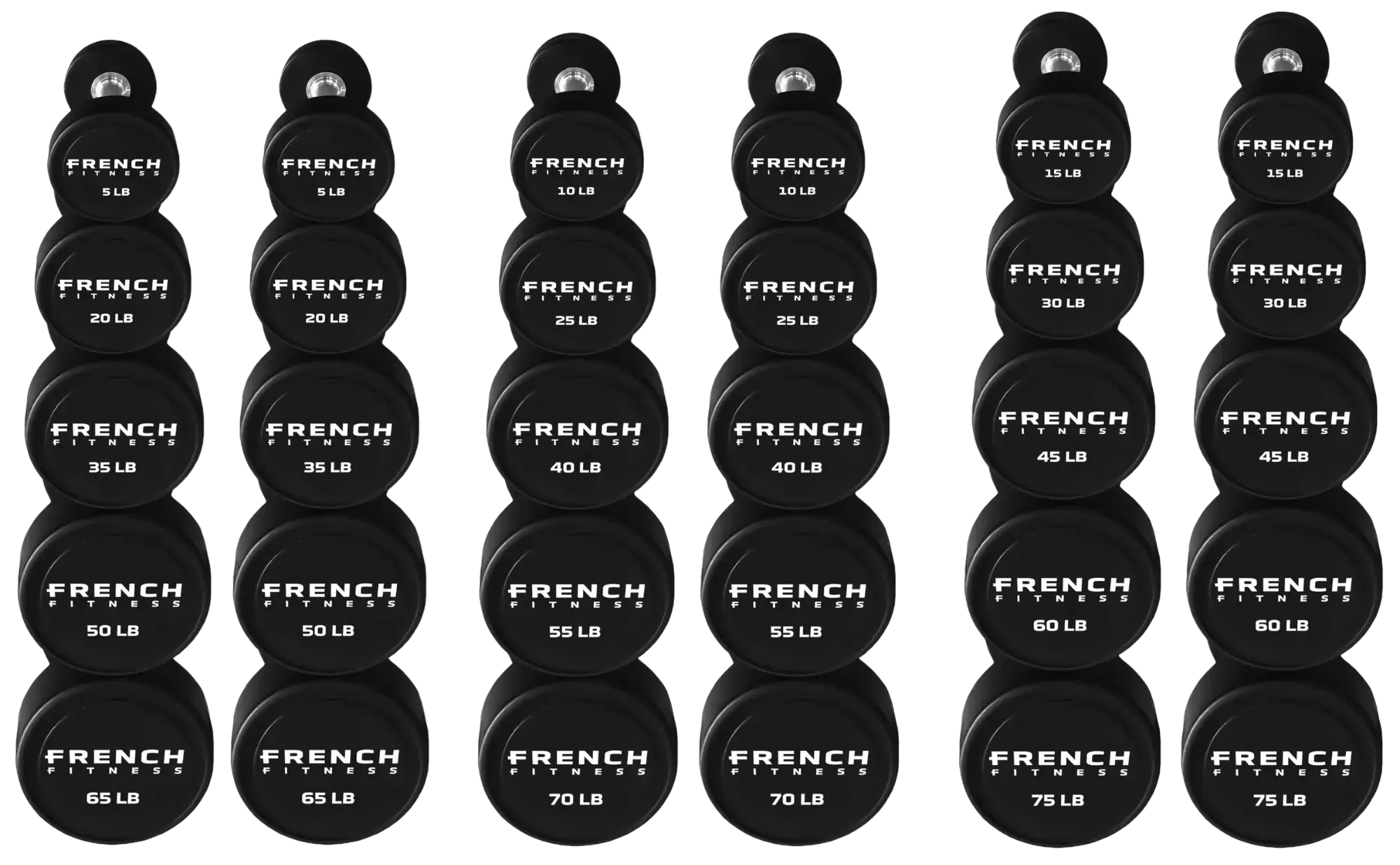 French Fitness Urethane Round Pro Style Dumbbell V2 Set, 5-75 lbs (New)